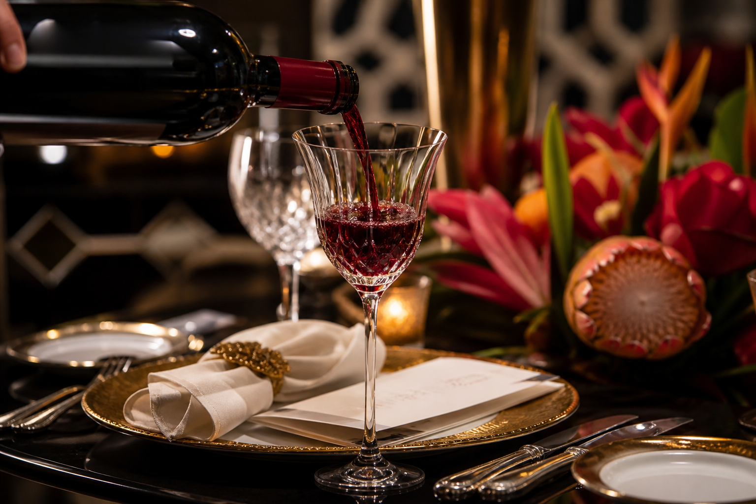Wine being poured during an elegant dinner